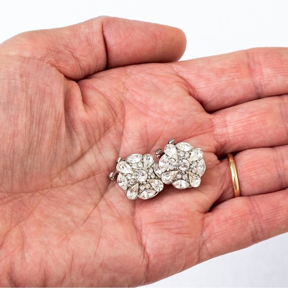 Unique dressy sparkly clear stone cluster clip on earrings with silver - Picture 5 of 15